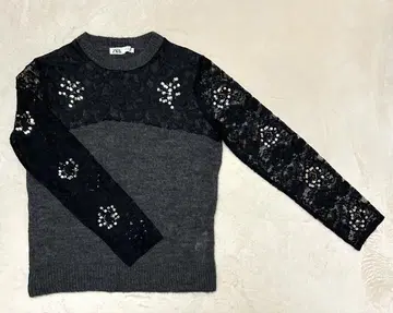 미사용 자라 ZARA 니트 스팽글 티셔츠 블랙 x 그레이