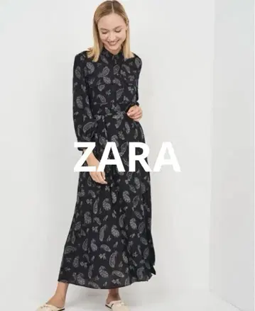 ZARA 롱 원피스 맥시 길이 페이즐리 무늬 셔츠 올 패턴 XS 블랙