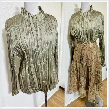 calendone 블라우스 카키 플리츠 가공 주름 가공 하이넥 긴팔