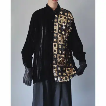 90s 00s 블랙 벨로아 스팽글 셔츠 빅 실루엣 모드