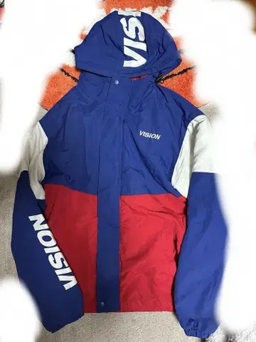 VISION STREET WEAR 후드 부착 컬러 블록 자켓 블루 화이트