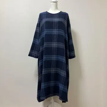 사만사 모스모스 린넨 면 롱 원피스 가을 체크 네이비 내추럴