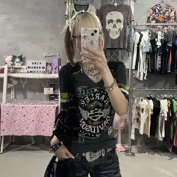 할리데이비슨 T셔츠 라메 메쉬 절개 반팔