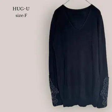 HUG U 소매 레이스 니트 V넥 MUJI 블랙 심플