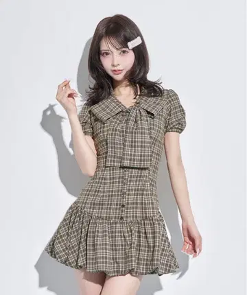 Darich 다리치 빅 리본 벌룬 체크 미니 원피스 Free