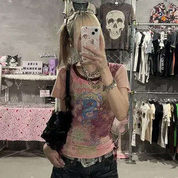 페어리 그런지 피치T 사이드 뜨개질 대박 귀여운 y2k 티셔츠