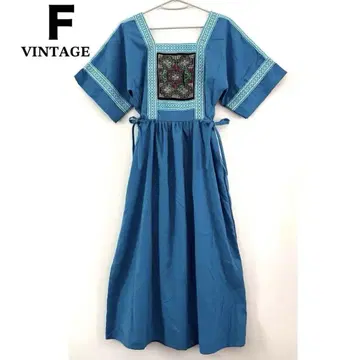 에스닉 패턴 자수 롱 원피스 블루 빈티지