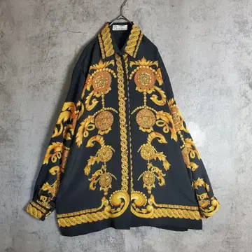 [ 빈티지 ] 구제 의류 올 패턴 스카프 패턴 골드 버튼 블랙 금 레트로