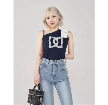 택 포함 새상품 다리치 빅 리본 원숄더 상의 네이비