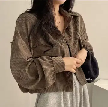 숏 코듀로이 가디건 봄/가을용 상의 겉옷 여성용 브라운