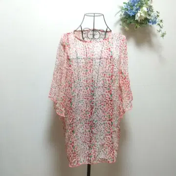 쉬폰 꽃무늬 반팔 튜닉 핑크 빨간색 그린 시스루 소재 롱 기장 a0553