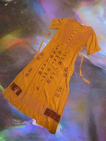 구제 빈티지 인도 자수 오렌지 반팔 원피스