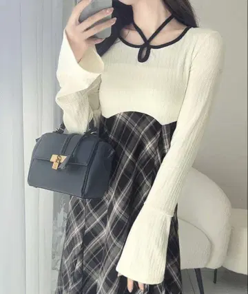 mily bilet 배색 파이핑 티셔츠 도킹 체크 원피스