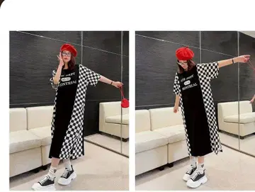 LL 사이즈 / 체크 무늬 사이드 패널 반팔 원피스