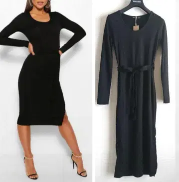 영국 수입 벨트 포함 긴팔 리브 원피스 블랙 BOOHOO