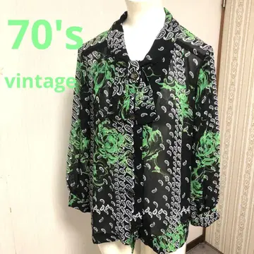 70s 빈티지 그린 블랙 꽃무늬 페이즐리 셔츠