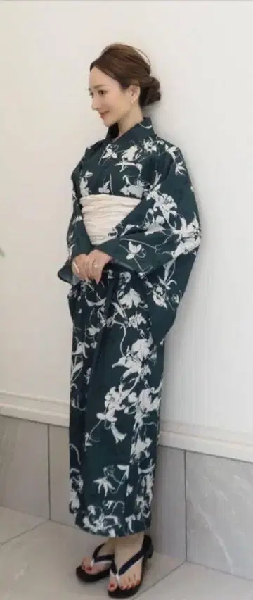 다크 그린 꽃무늬 유카타 오비 세트