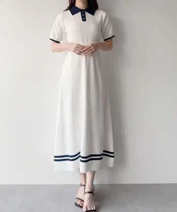 리본 포함 폴로 니트 세미 플레어 원피스