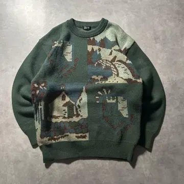 PASCOKE 그린 올 패턴 레트로 풍경 유럽풍 니트 스웨터