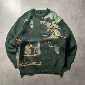 PASCOKE 그린 올 패턴 레트로 풍경 유럽풍 니트 스웨터