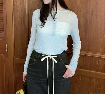 Mila Owen 울 혼방 헨리넥 시어 아론 T 블루