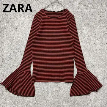 2015 ZARA 리브 니트 티셔츠 보더 플레어 소매 빨간색 S 긴팔