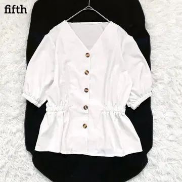 [ 피프스 ] 프론트 버튼 허리 마크 블라우스(F) 스트레치 V넥 화이트