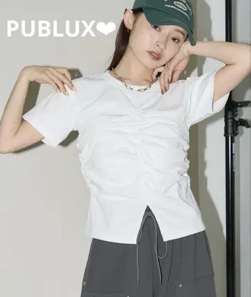 PUBLUX/파브뤽스 허리 셔링 T셔츠 화이트