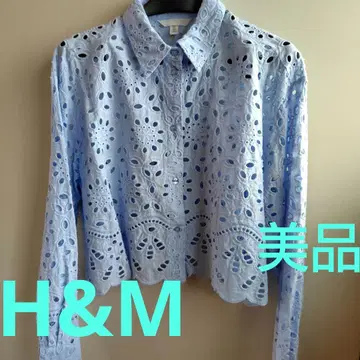 H&M 자수 스카이블루 크롭 셔츠 L 새상품급