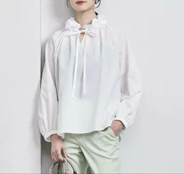 UNITED ARROWS 오간자 프릴 리본 블라우스 화이트