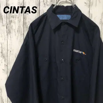 C2479 CINTAS 긴팔 셔츠 워크 셔츠 자수 네이비 해외 구제 의류