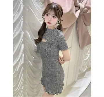 darich 리본 셔링 깅엄 미니 원피스 블랙 free
