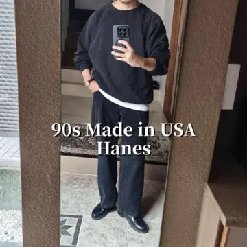 USA Hanes 맨투맨 블랙 블랭크 무지 L 래글런