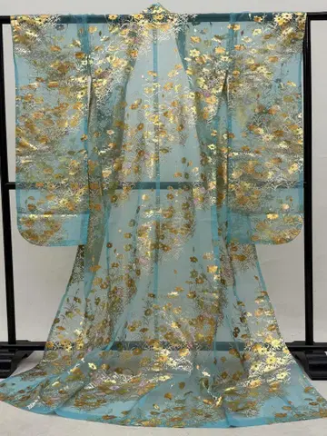 우치카케 신부 의상 스카이블루 오간자 금박 꽃 무늬 촬영용