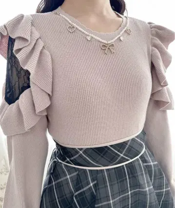 ROJITA 목걸이 포함 볼륨 프릴 니트탑 핑크