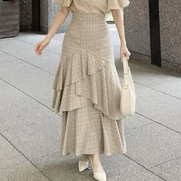 릴리안캐럿 체크 아지메 티어드 플레어 스커트