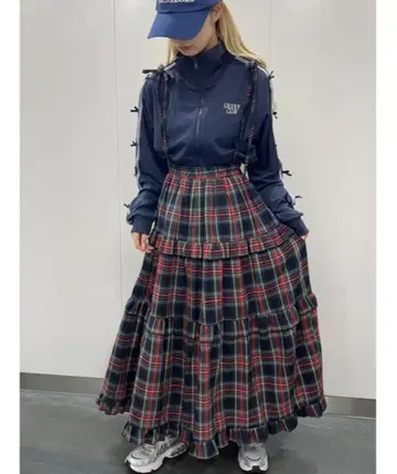 W C 체크 티어드 롱 스커트
