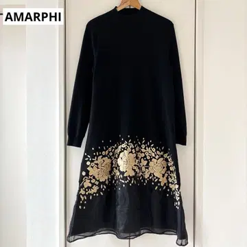 AMARPHI 아말피 꽃무늬 자수 시어 니트 롱 원피스 블랙