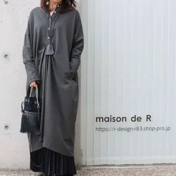 maison de R 턱 저리 원피스 그레이 밴드 카라 긴팔