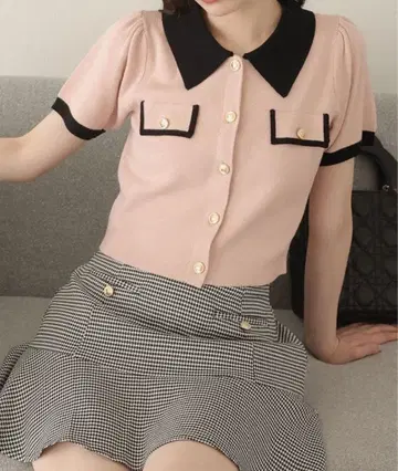 NICE CLAUP 핑크 배색 니트탑