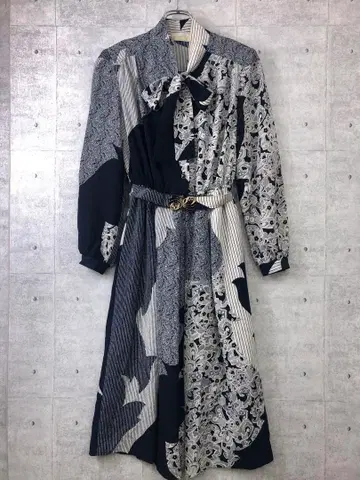 쇼와 레트로 부케 일본산 구제 의류 올 패턴 허리 벨트 리본 타이 원피스