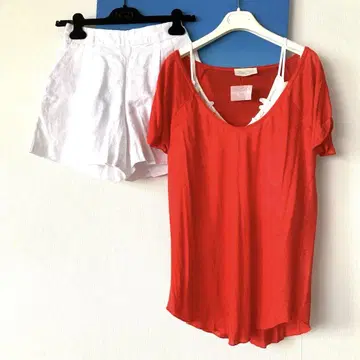 미사용 새상품 ZARA 오렌지 레드 린넨 T셔츠 & 고급 린넨 팬츠