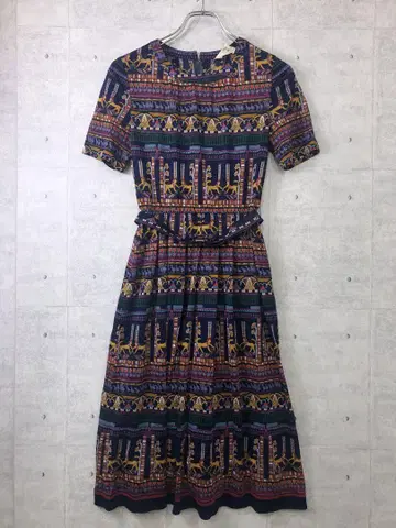 쇼와 레트로 LAPICA 구제 의류 이국적인 이집트 무늬 시어 원피스