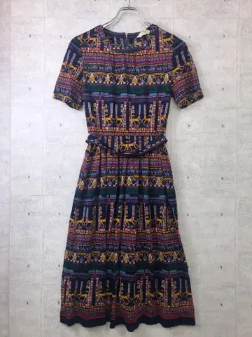 쇼와 레트로 LAPICA 구제 의류 이국적인 이집트 무늬 시어 원피스