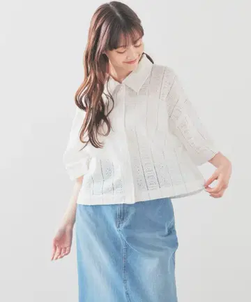 화이트 레이스 짜임 칠부 소매 셔츠