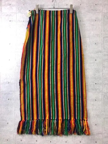 과테말라 핸드메이드 에스닉 스트라이프 프린지 니트 롱 스커트