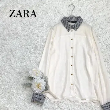 ZARA 자라 시어 블라우스 M 긴팔 골드 버튼 트위드 옷깃 아이보리