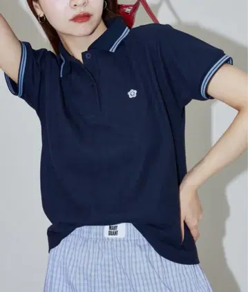 네이비 피케 셔츠 반팔 꽃 자수