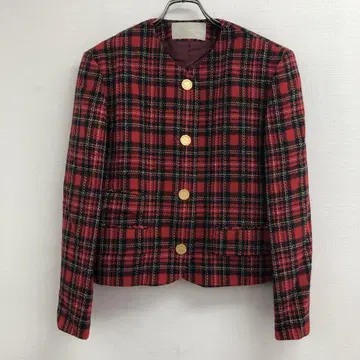 콜디아 빨간색 계열 체크 자켓 골드 버튼 노카라 40