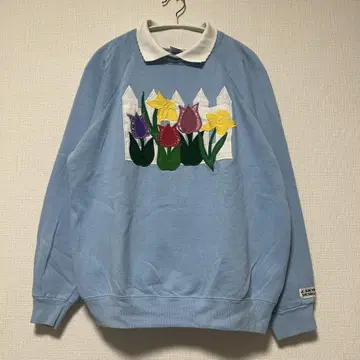 80s Hanes 카라 부착 맨투맨 트레이닝복 꽃 튤립 스카이블루 L